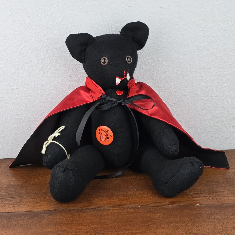 Vintage Handmade 16" Jointed Vampire Teddy Bear with Glass Eyes and Red Cape